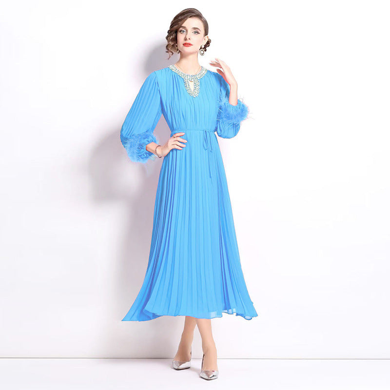 MXX125 Women O Neck pleated dress