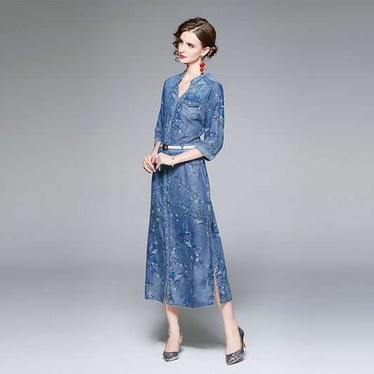 MXX135 V-neck Denim Dress