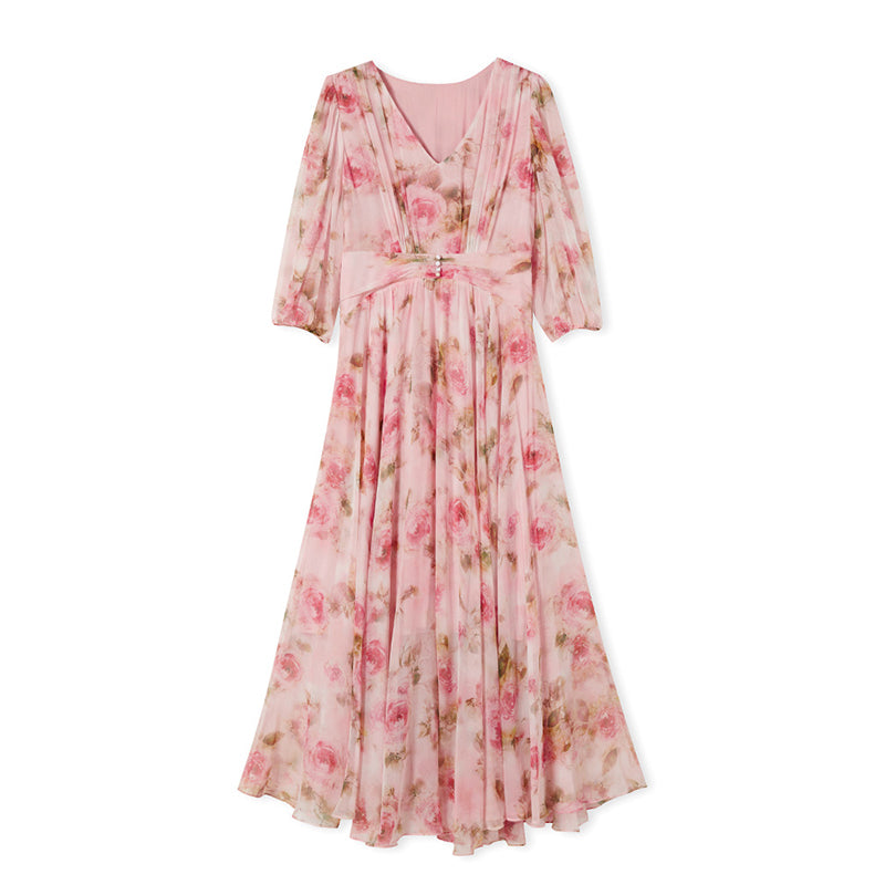 MXX165 Women silk print pleated dress