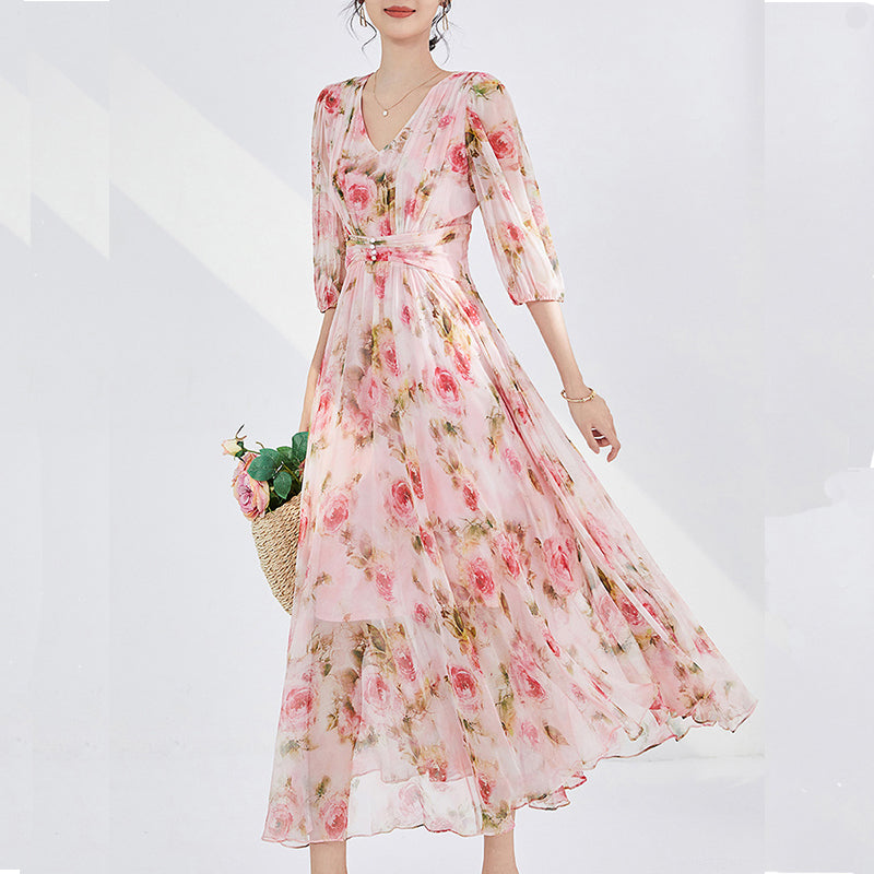 MXX165 Women silk print pleated dress