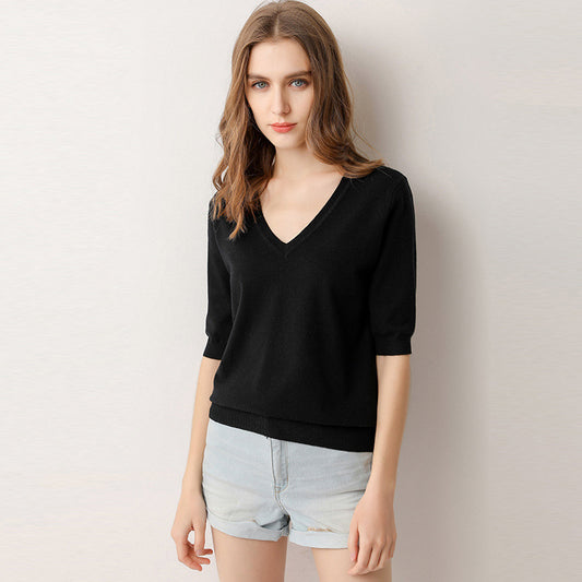 MXX10 V-neck Knitted women T-shirt