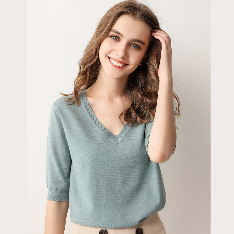 MXX10 V-neck Knitted women T-shirt
