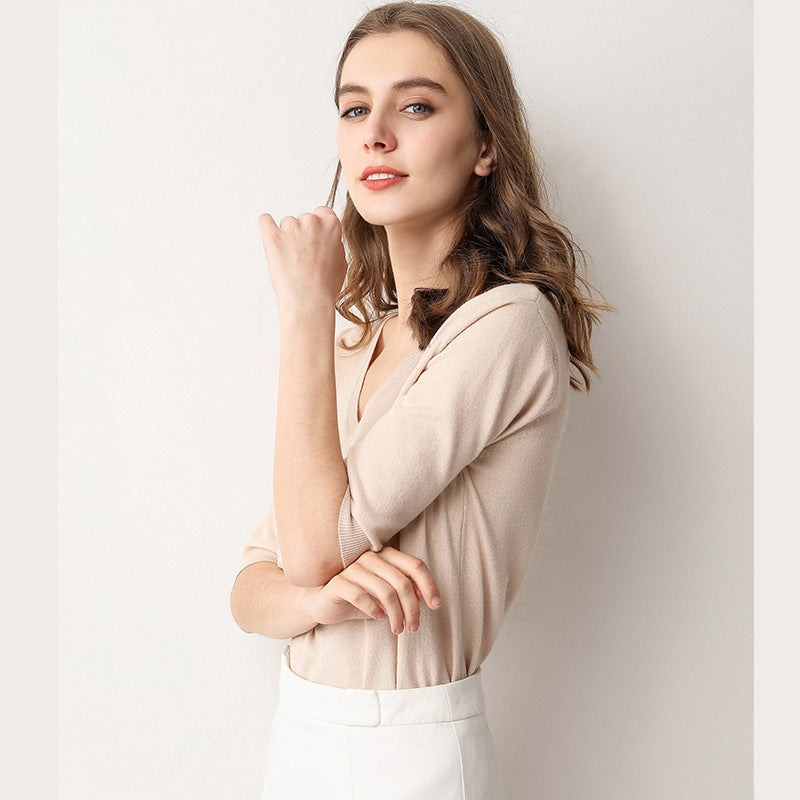 MXX10 V-neck Knitted women T-shirt