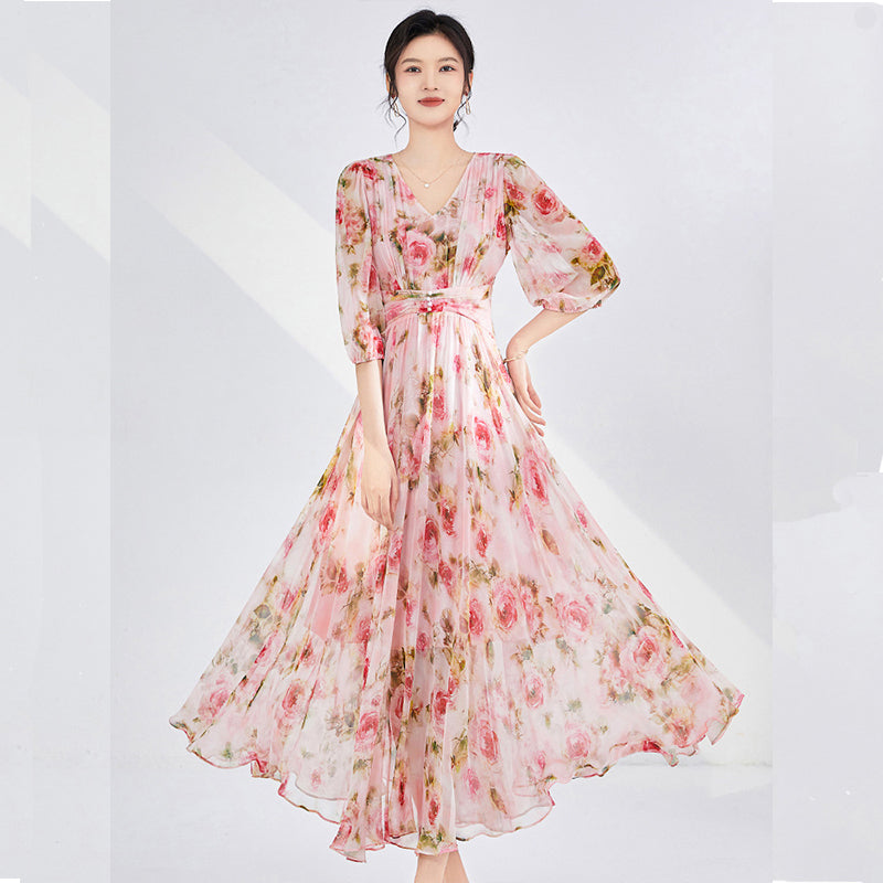 MXX165 Women silk print pleated dress