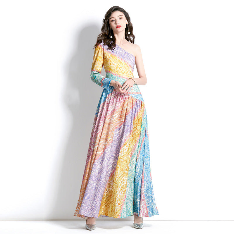 MXX85 Women Asymmetric Colorful Print Dress