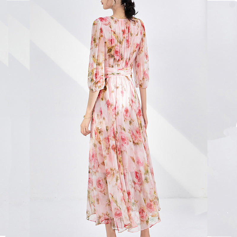 MXX165 Women silk print pleated dress