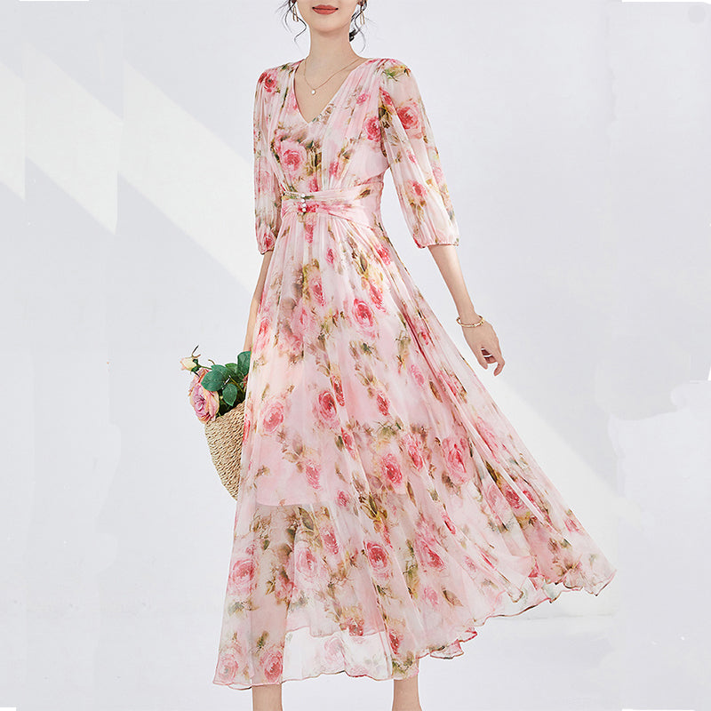 MXX165 Women silk print pleated dress