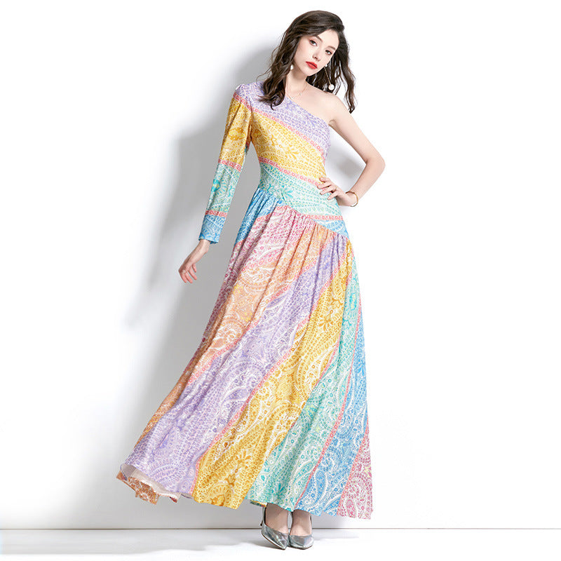 MXX85 Women Asymmetric Colorful Print Dress