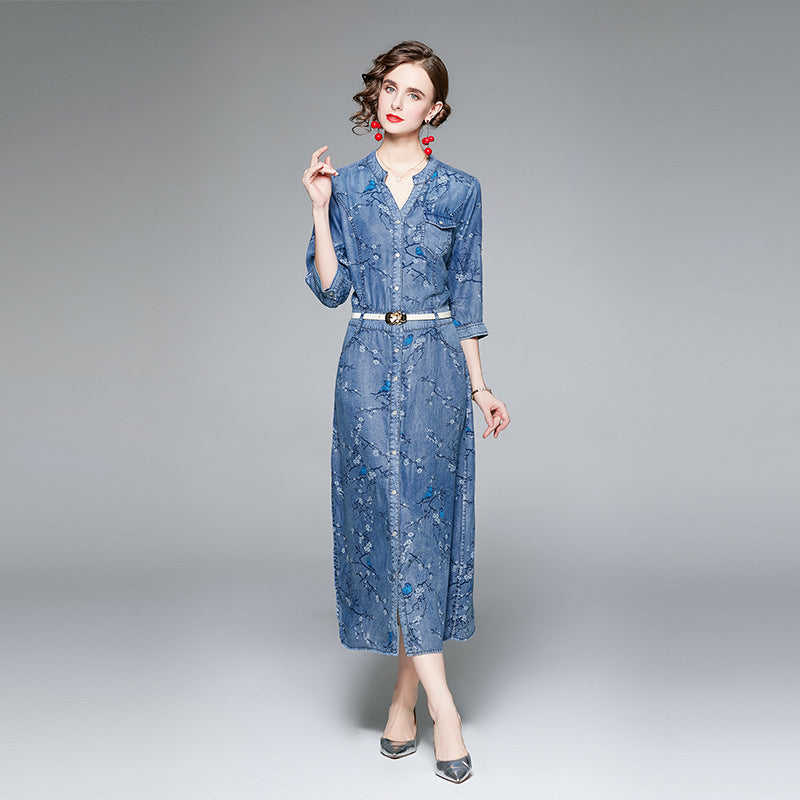 MXX135 V-neck Denim Dress