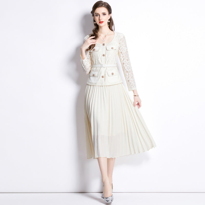 MXX105 Women Lace Patchwok Pleated Dress