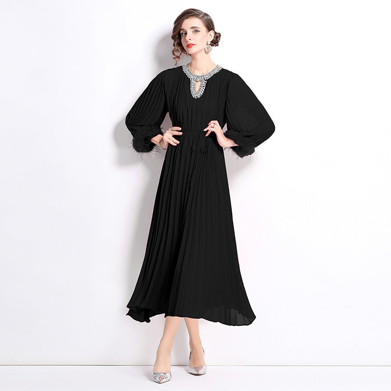 MXX125 Women O Neck pleated dress