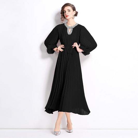 MXX125 Women O Neck pleated dress