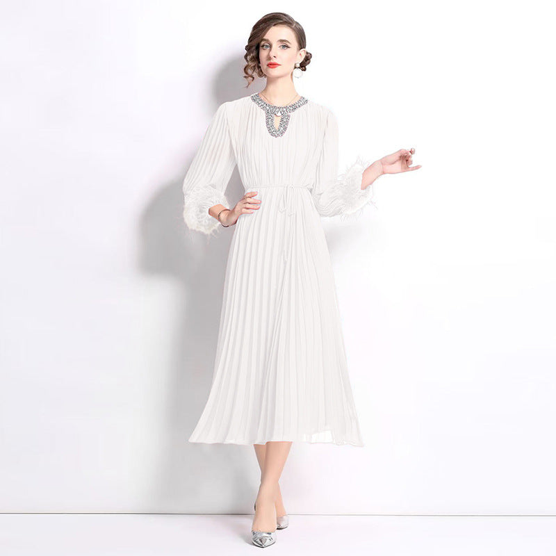 MXX125 Women O Neck pleated dress