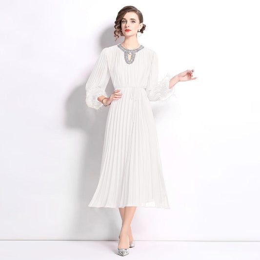 MXX125 Women O Neck pleated dress