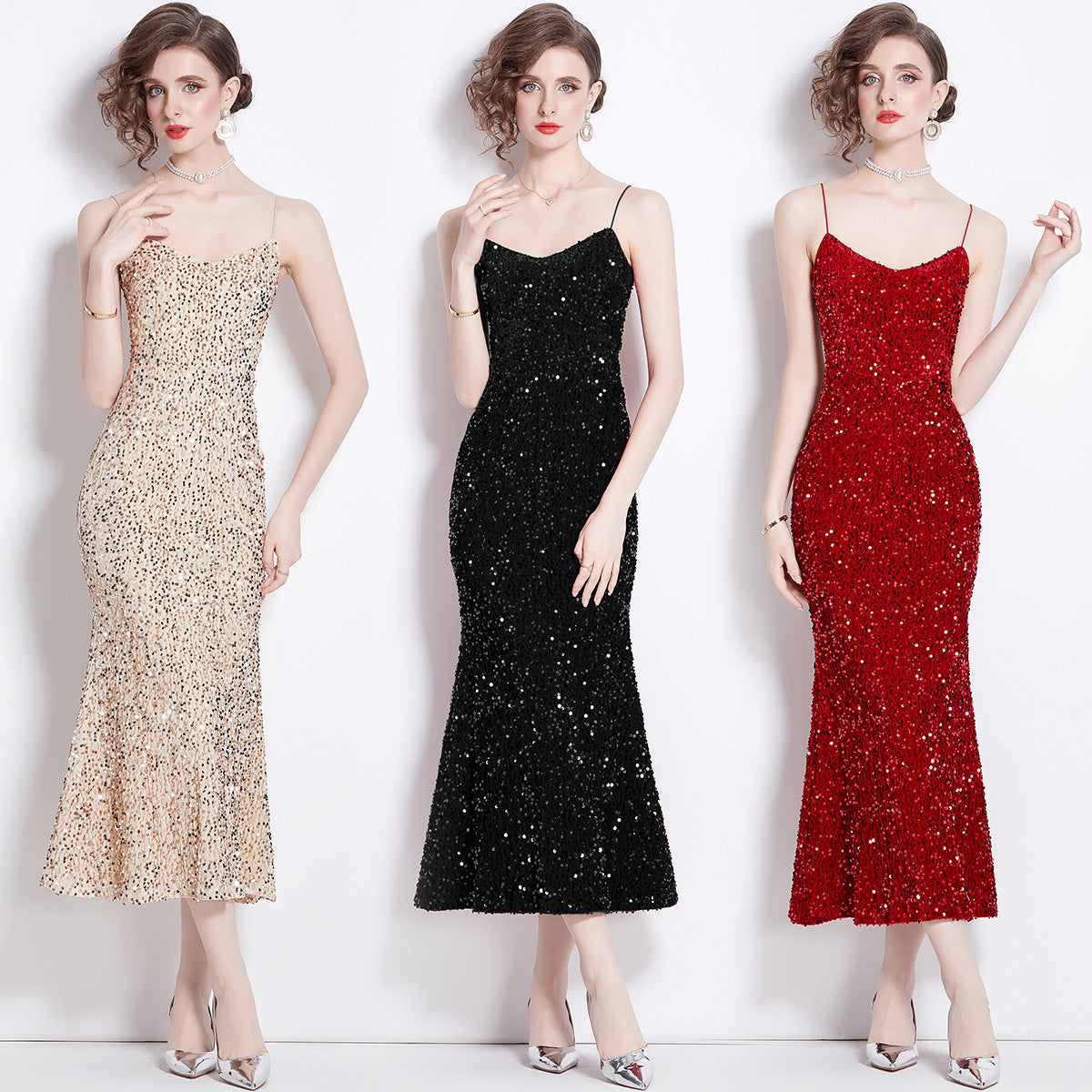 MXX110 Strapless high-waisted sequin dress