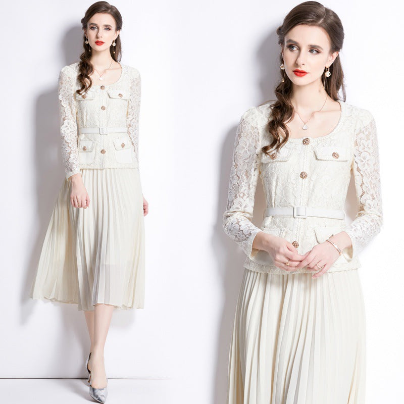 MXX105 Women Lace Patchwok Pleated Dress