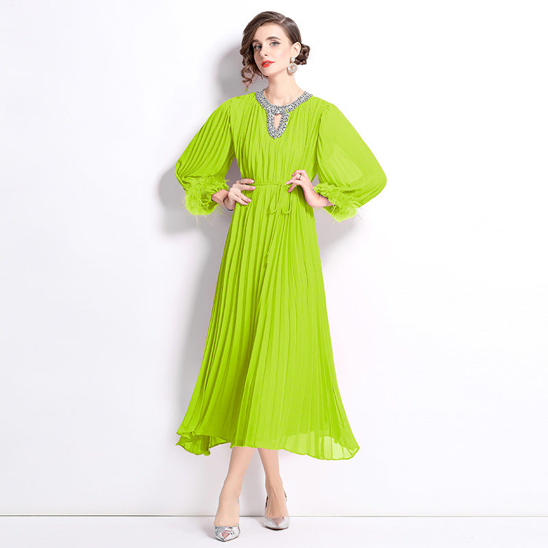 MXX125 Women O Neck pleated dress