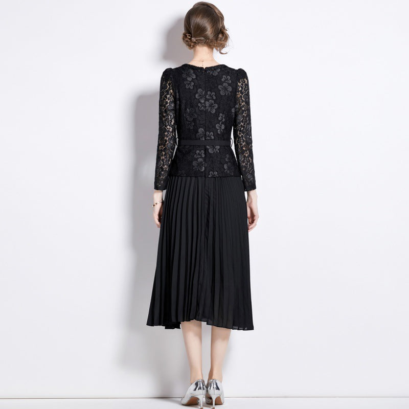 MXX105 Women Lace Patchwok Pleated Dress
