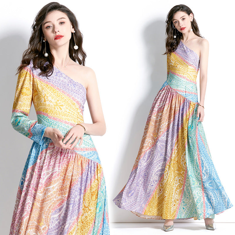 MXX85 Women Asymmetric Colorful Print Dress