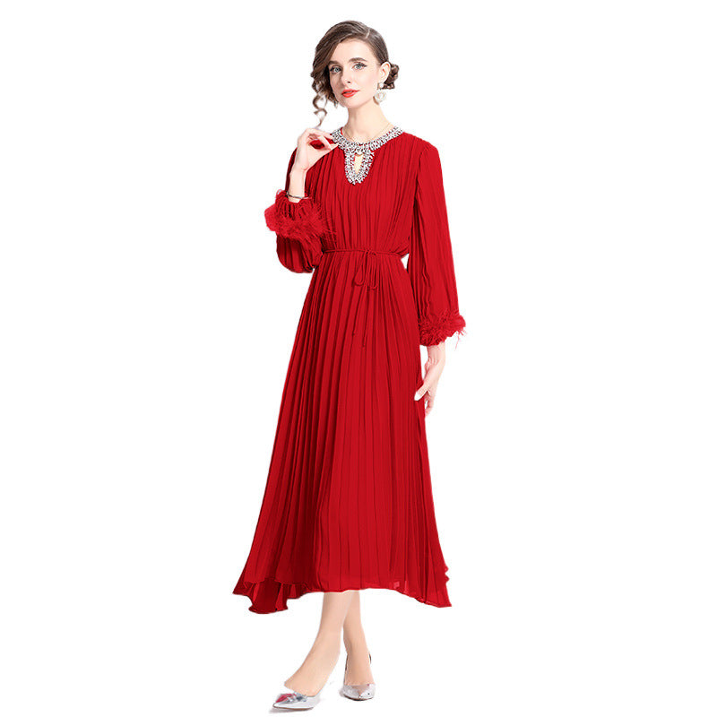 MXX125 Women O Neck pleated dress