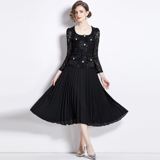 MXX105 Women Lace Patchwok Pleated Dress