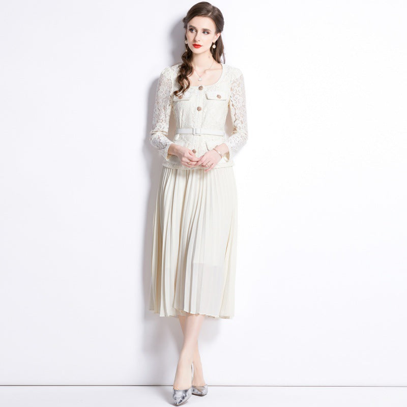 MXX105 Women Lace Patchwok Pleated Dress