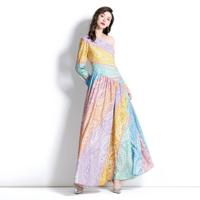 MXX85 Women Asymmetric Colorful Print Dress