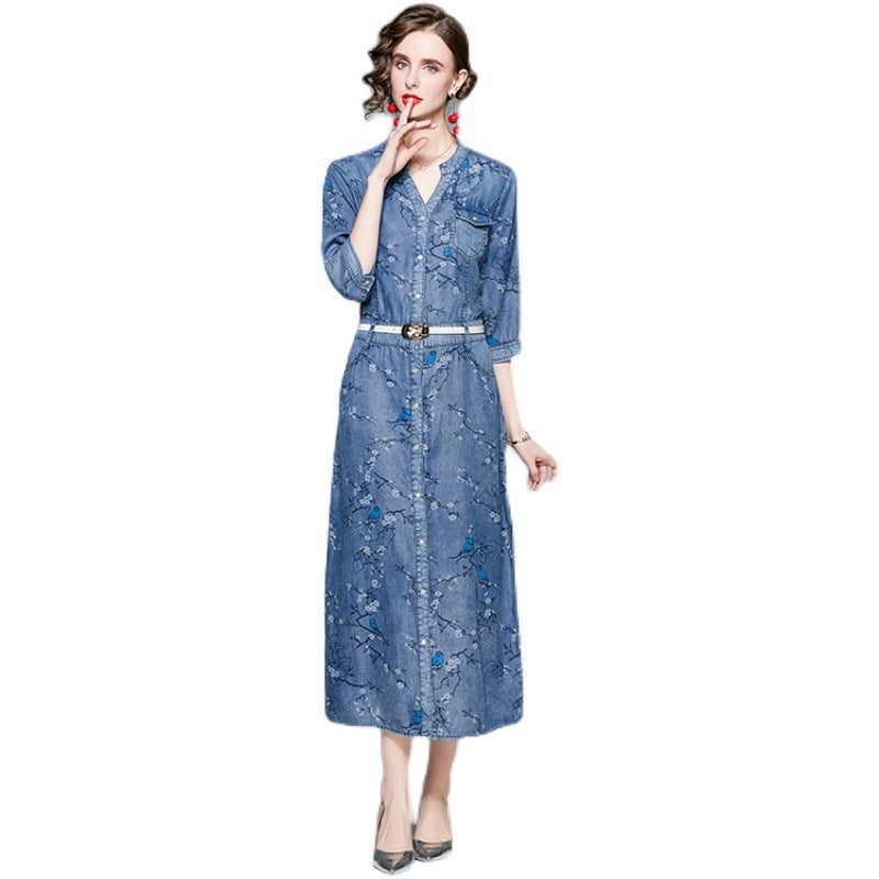 MXX135 V-neck Denim Dress