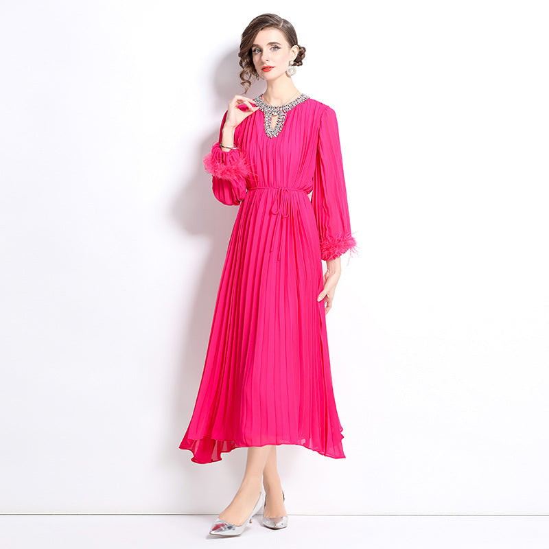 MXX125 Women O Neck pleated dress
